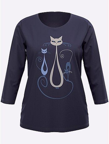 T-shirt à Manches 3/4 Motif Chat Amusant - Taille Standard - Moda Vilona