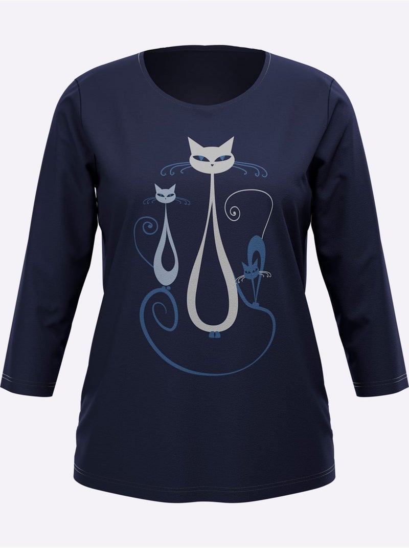 T-shirt à Manches 3/4 Motif Chat Amusant - Taille Standard - Moda Vilona Bleu marine - Kiabi