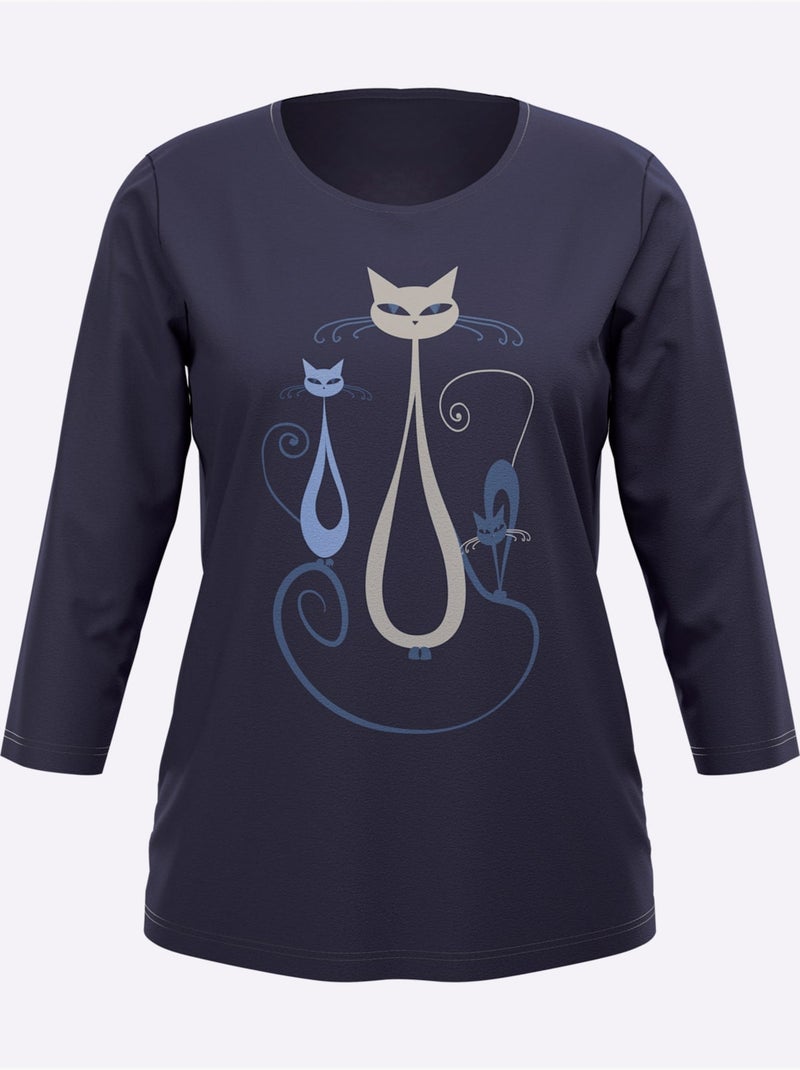 T-shirt à Manches 3/4 Motif Chat Amusant - Taille Standard - Moda Vilona Bleu marine - Kiabi