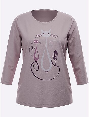 T-shirt à Manches 3/4 Motif Chat Amusant - Taille Standard - Moda Vilona