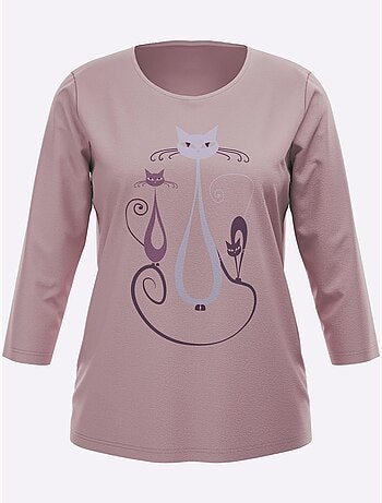 T-shirt à Manches 3/4 Motif Chat Amusant - Taille Standard - Moda Vilona