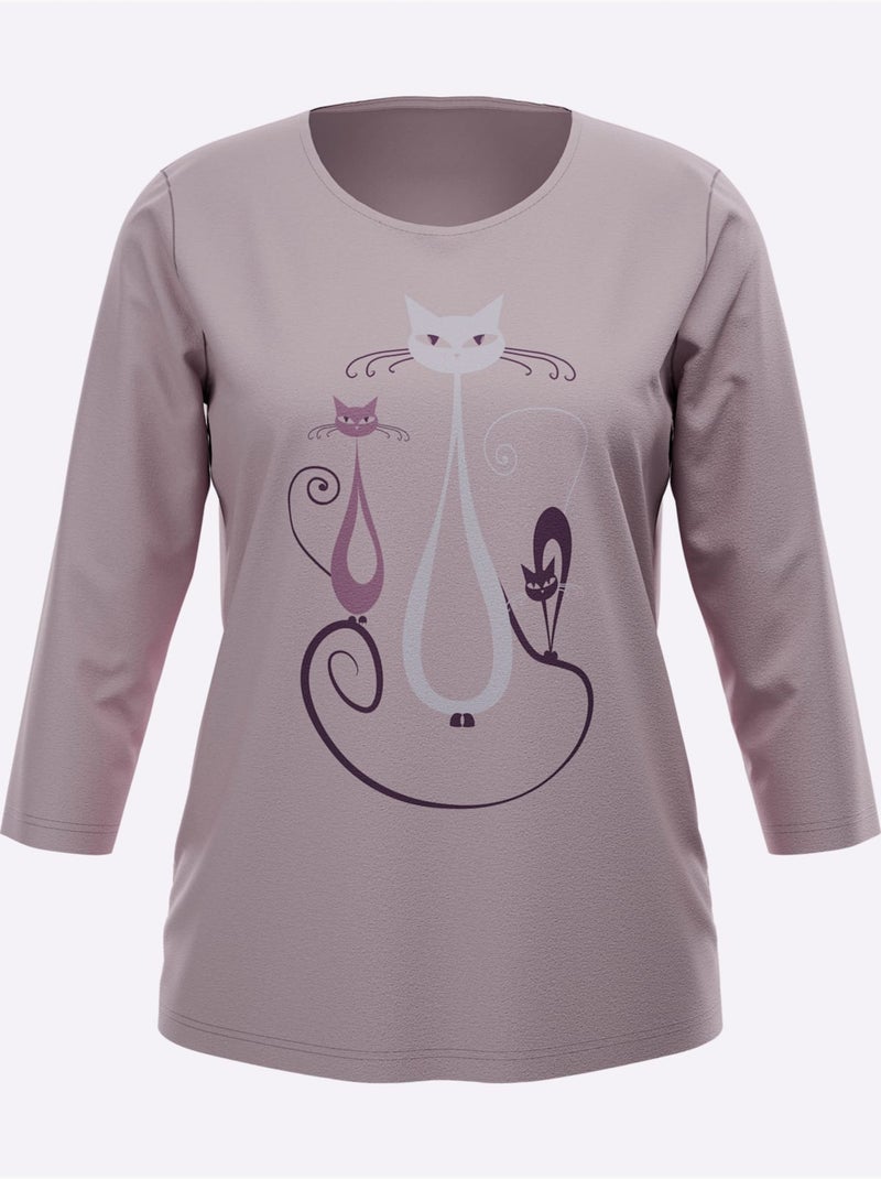 T-shirt à Manches 3/4 Motif Chat Amusant - Taille Standard - Moda Vilona Mauve - Kiabi