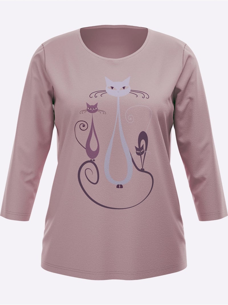 T-shirt à Manches 3/4 Motif Chat Amusant - Taille Standard - Moda Vilona Mauve - Kiabi