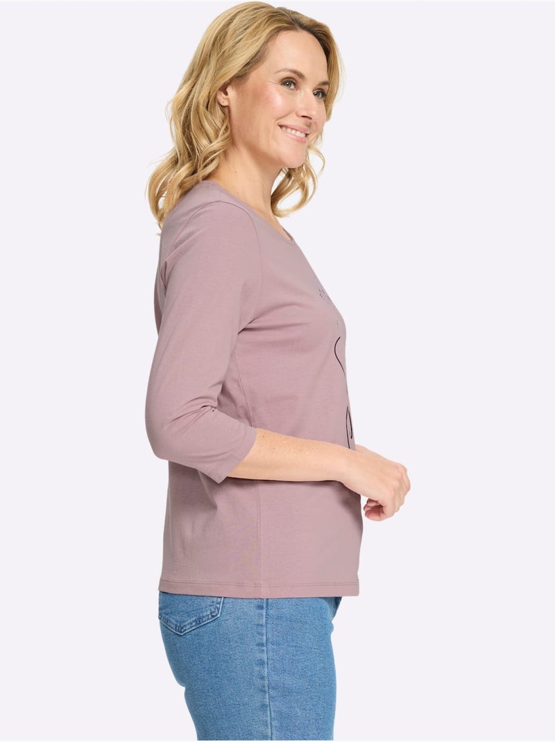 T-shirt à Manches 3/4 Motif Chat Amusant - Taille Standard - Moda Vilona Mauve - Kiabi