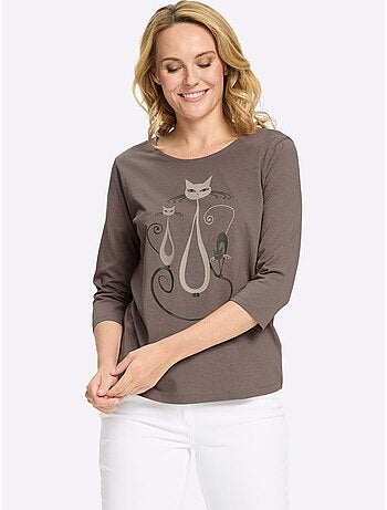 T-shirt à Manches 3/4 Motif Chat Amusant - Taille Standard - Moda Vilona
