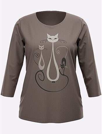 T-shirt à Manches 3/4 Motif Chat Amusant - Taille Standard - Moda Vilona