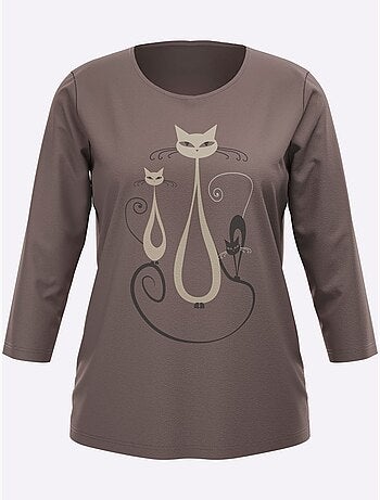 T-shirt à Manches 3/4 Motif Chat Amusant - Taille Standard - Moda Vilona