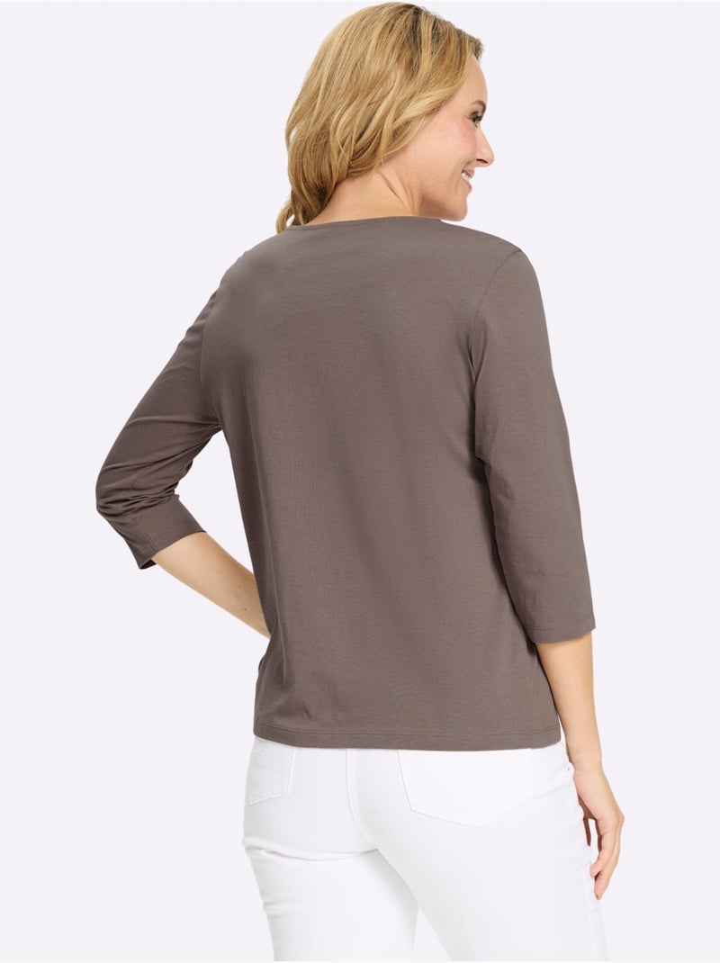 T-shirt à Manches 3/4 Motif Chat Amusant - Taille Standard - Moda Vilona Taupe - Kiabi