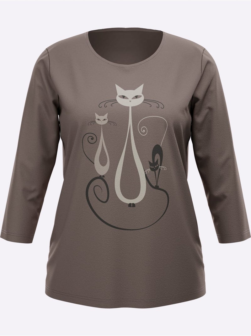 T-shirt à Manches 3/4 Motif Chat Amusant - Taille Standard - Moda Vilona Taupe - Kiabi