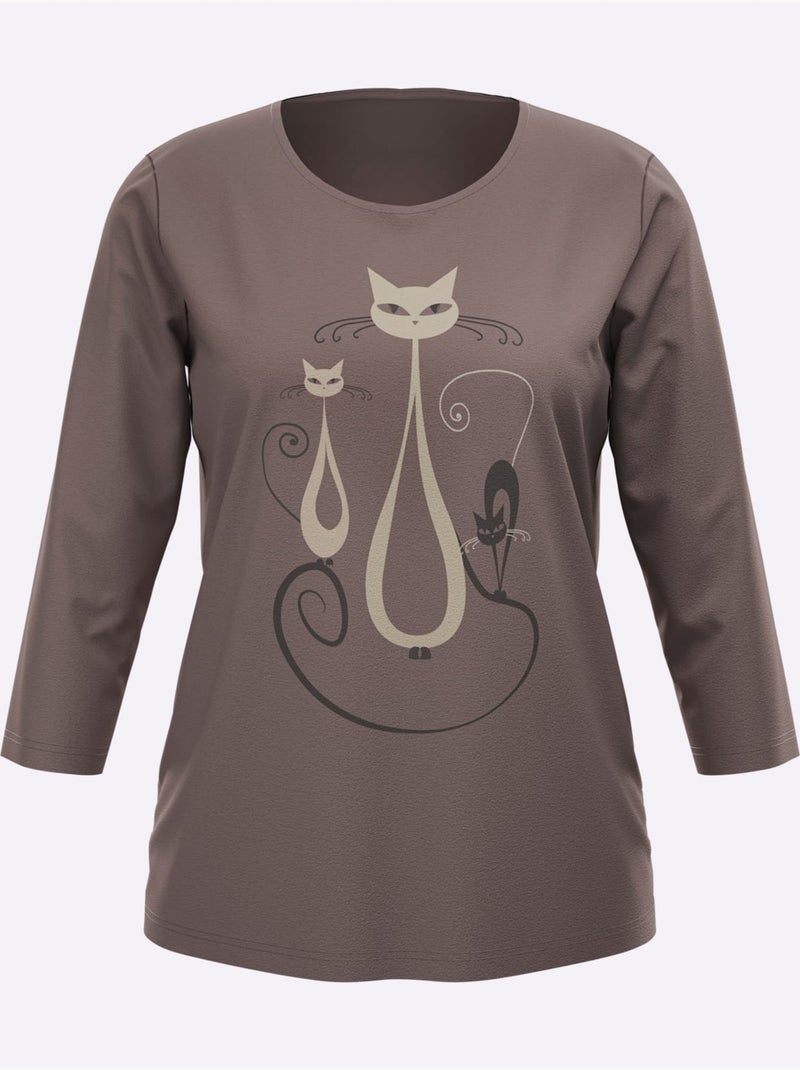 T-shirt à Manches 3/4 Motif Chat Amusant - Taille Standard - Moda Vilona Taupe - Kiabi