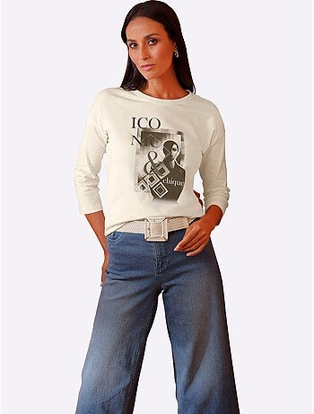 T-shirt à Manches 3/4 Motif Imprimé Exclusif Devant - Taille Standard - helline