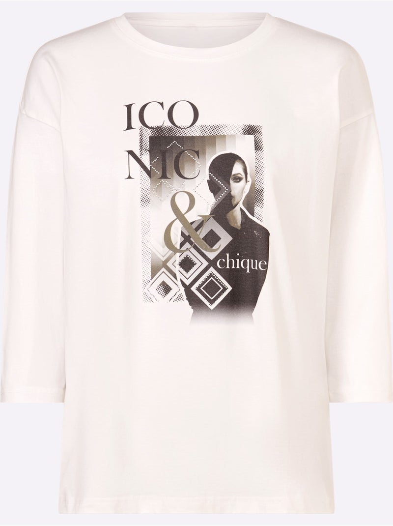 T-shirt à Manches 3/4 Motif Imprimé Exclusif Devant - Taille Standard - helline Ecru - Kiabi