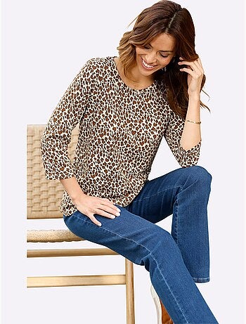 T-shirt à manches 3/4 motif léopard tendance - taille standard - moda vilona