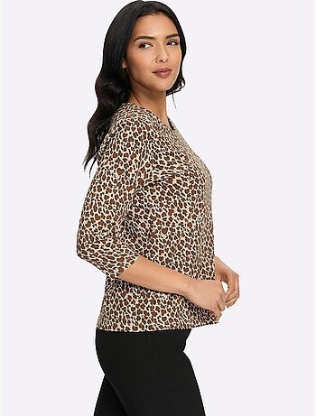 T-shirt à manches 3/4 motif léopard tendance - taille standard - moda vilona