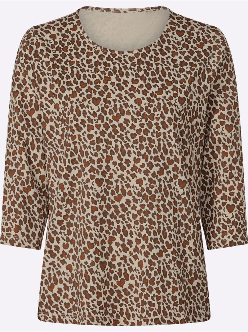 T-shirt à manches 3/4 motif léopard tendance - taille standard - moda vilona Sable - Kiabi