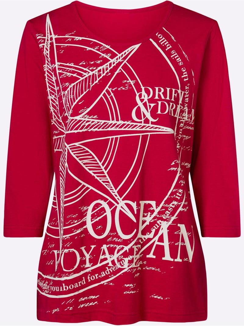 T-shirt à Manches 3/4 Motif Marin - Taille Standard - Moda Vilona Blanc Rouge Blanc - Kiabi