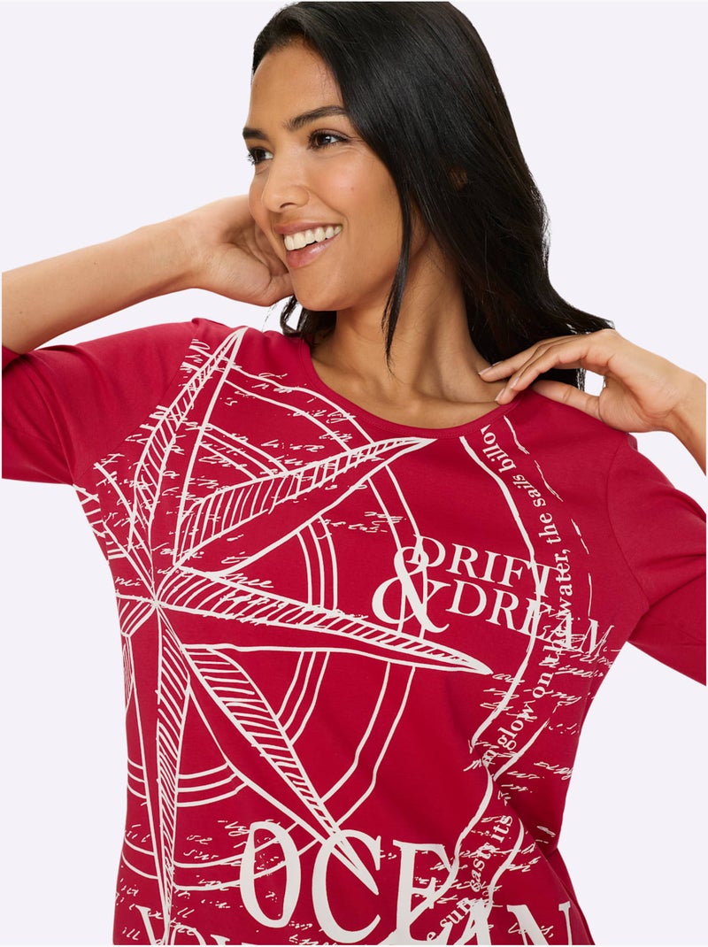 T-shirt à Manches 3/4 Motif Marin - Taille Standard - Moda Vilona Blanc Rouge Blanc - Kiabi