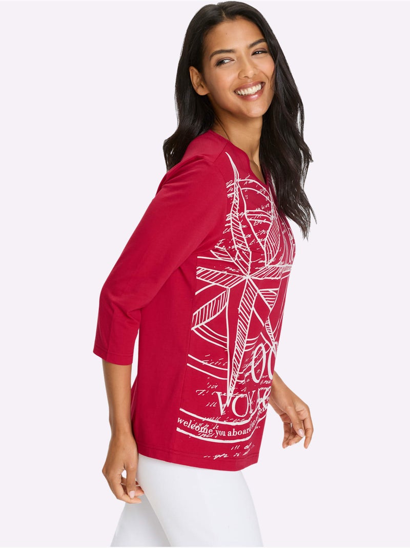 T-shirt à Manches 3/4 Motif Marin - Taille Standard - Moda Vilona Blanc Rouge Blanc - Kiabi