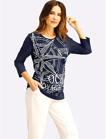 T-shirt à Manches 3/4 Motif Marin - Taille Standard - Moda Vilona