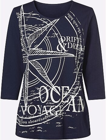 T-shirt à Manches 3/4 Motif Marin - Taille Standard - Moda Vilona