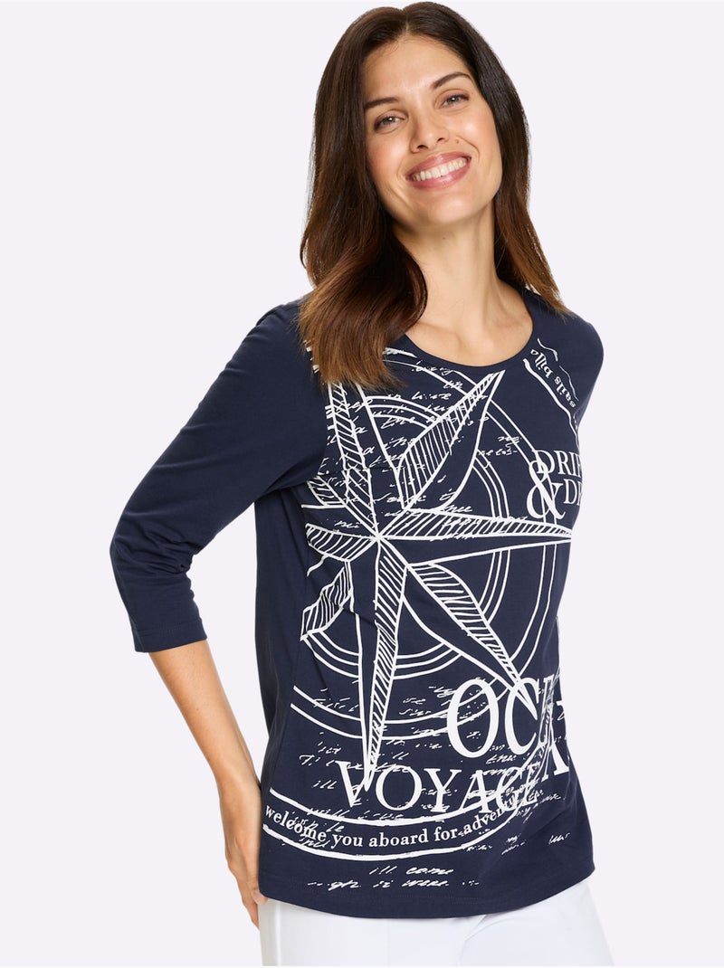 T-shirt à Manches 3/4 Motif Marin - Taille Standard - Moda Vilona Bleu Blanc - Kiabi