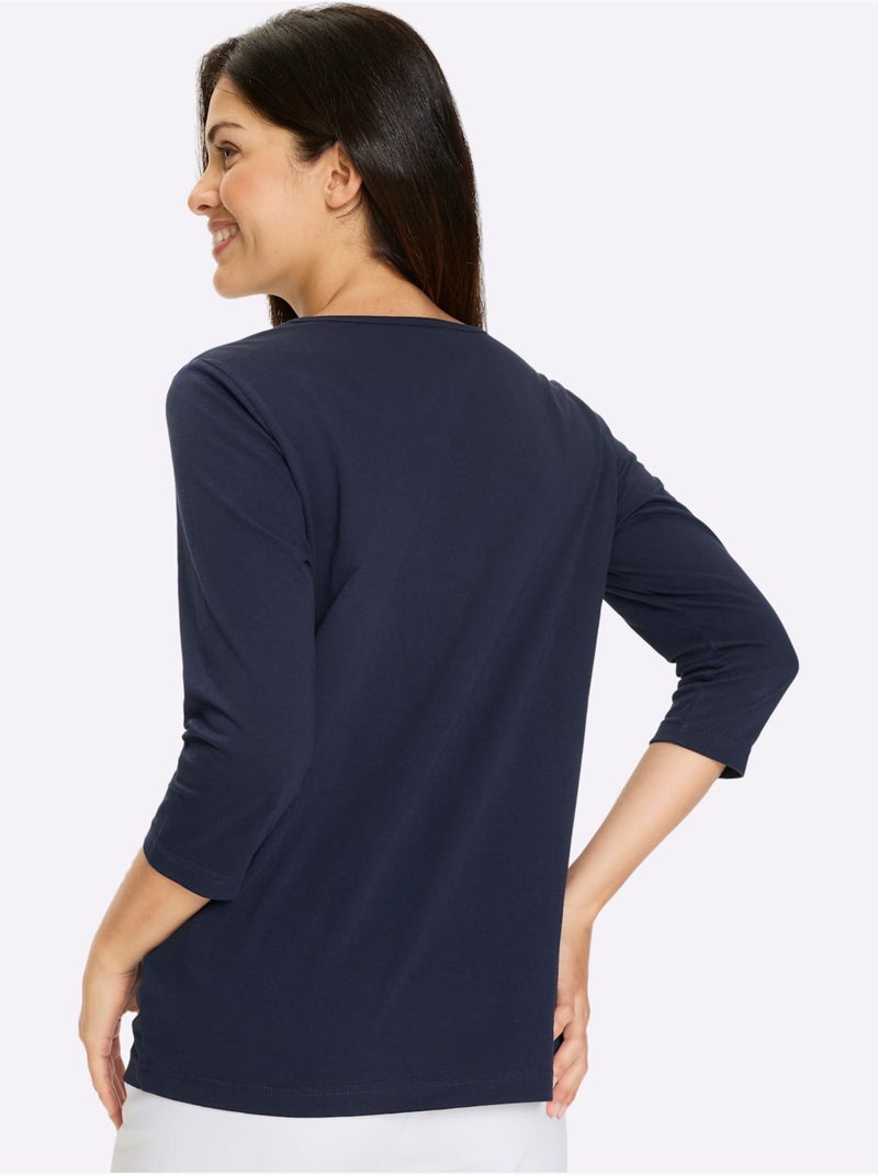 T-shirt à Manches 3/4 Motif Marin - Taille Standard - Moda Vilona Bleu Blanc - Kiabi