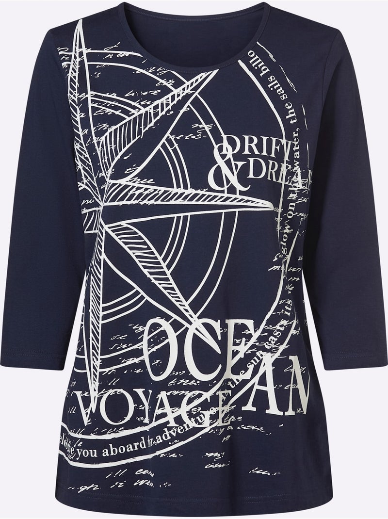 T-shirt à Manches 3/4 Motif Marin - Taille Standard - Moda Vilona Bleu Blanc - Kiabi