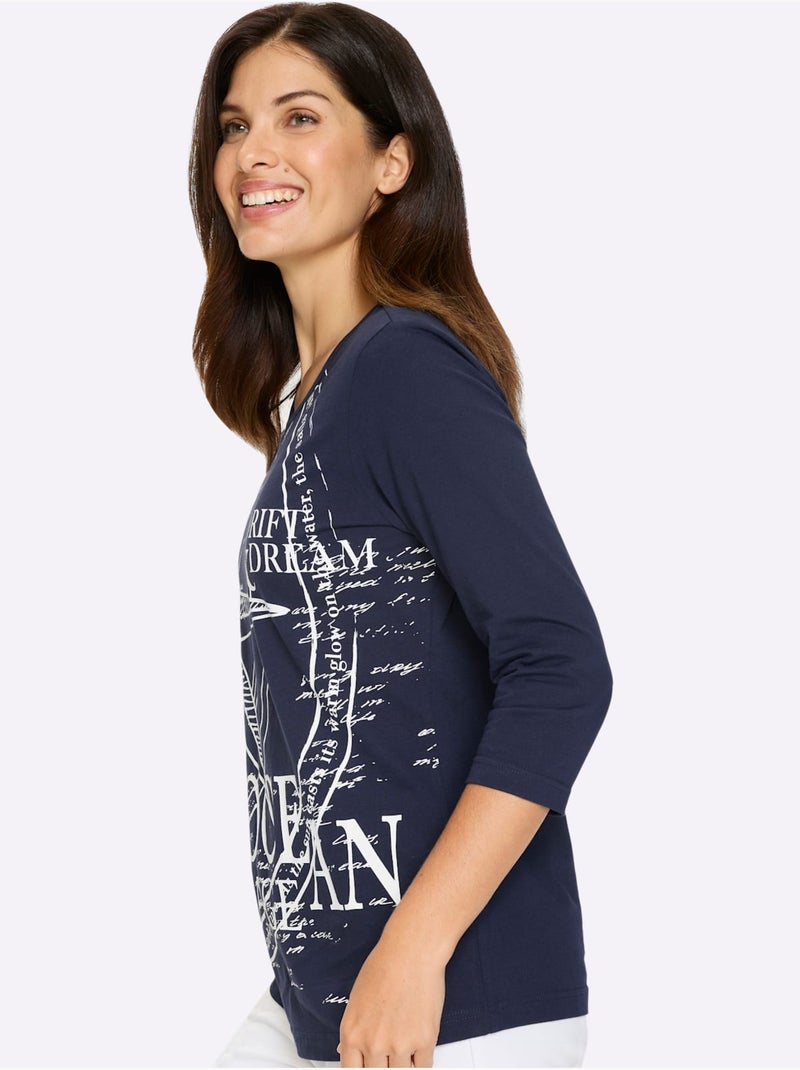 T-shirt à Manches 3/4 Motif Marin - Taille Standard - Moda Vilona Bleu Blanc - Kiabi