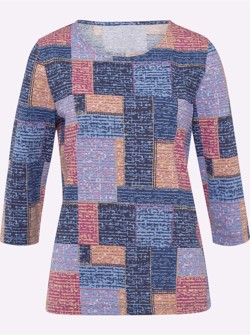 T-shirt à Manches 3/4 Motif Patchwork - Taille Standard - Moda Vilona Bleu - Kiabi