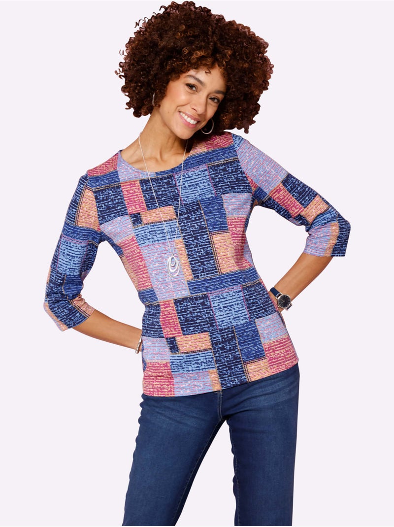 T-shirt à Manches 3/4 Motif Patchwork - Taille Standard - Moda Vilona Bleu - Kiabi