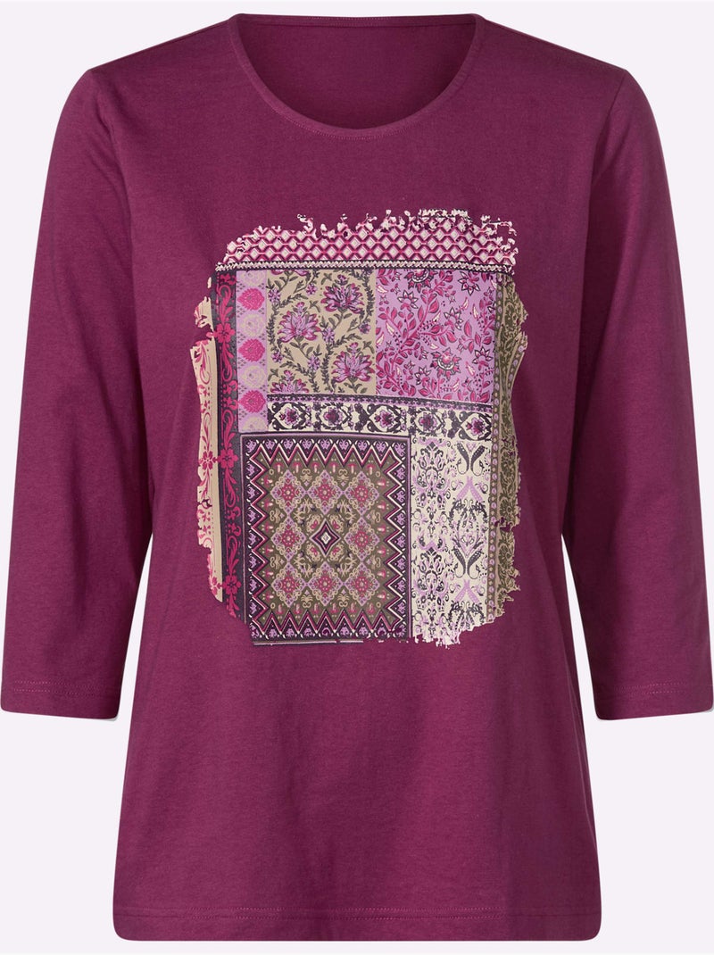 T-shirt à manches 3/4 motif patchwork moderne - taille standard - moda vilona Mauve - Kiabi