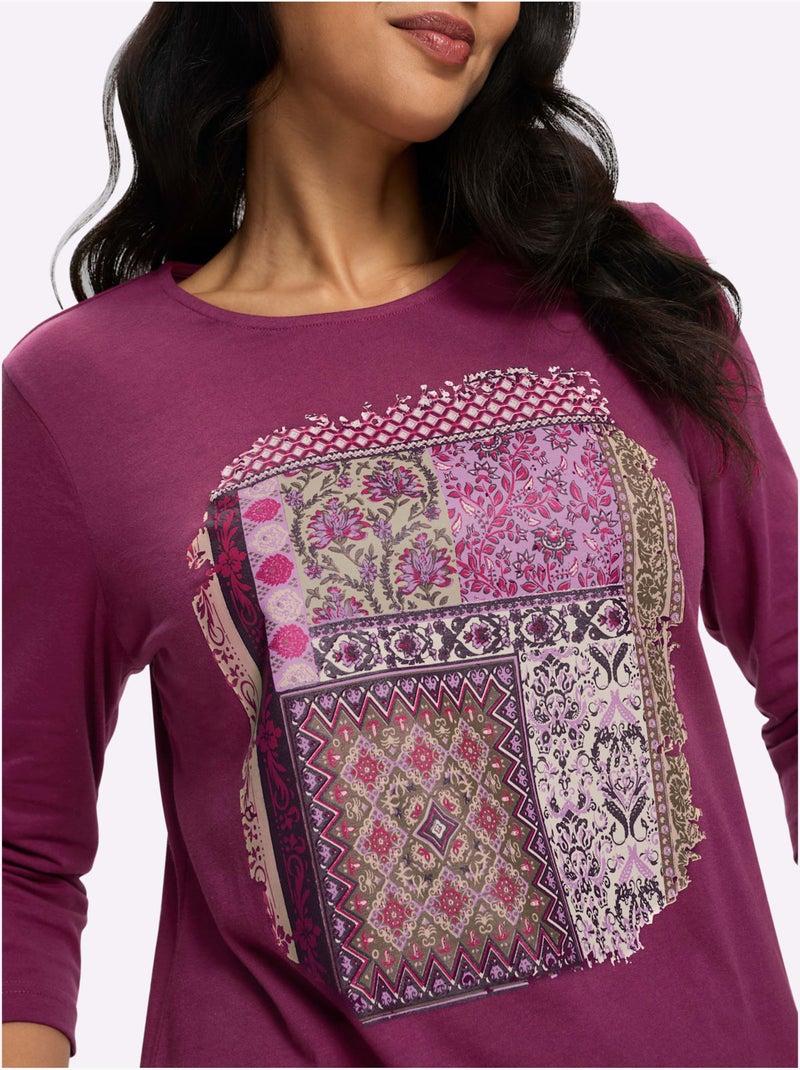 T-shirt à manches 3/4 motif patchwork moderne - taille standard - moda vilona Mauve - Kiabi