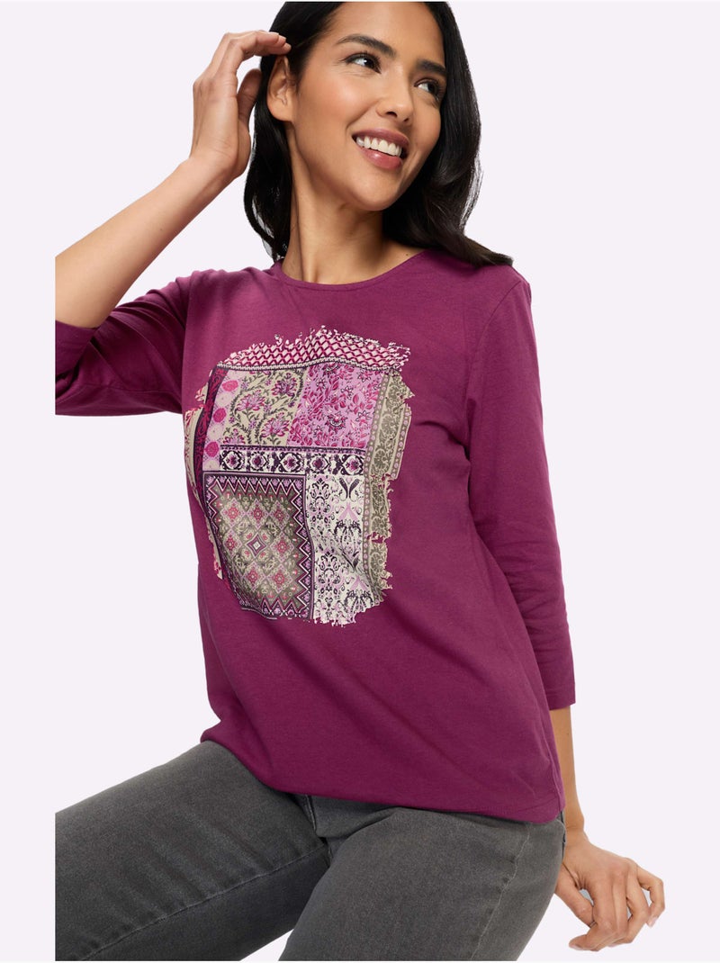 T-shirt à manches 3/4 motif patchwork moderne - taille standard - moda vilona Mauve - Kiabi
