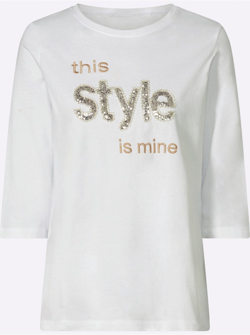 T-shirt à manches 3/4 paillettes brillantes - taille standard - helline Blanc - Kiabi