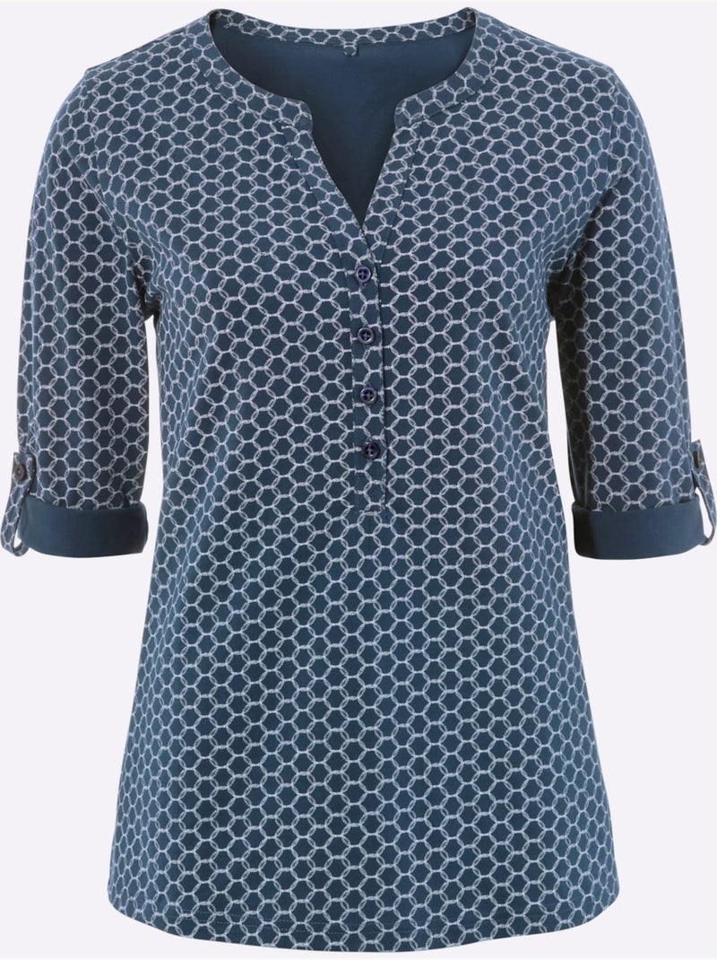 T-shirt à manches 3/4 patte de boutonnage courte - taille standard - moda vilona Bleu Bleu marine - Kiabi