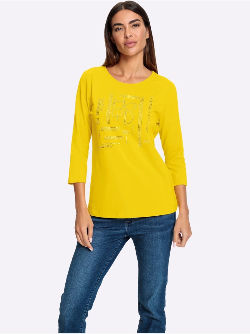 T-shirt à Manches 3/4 Petites Pierres Brillantes Fantaisie - Taille Standard - Helline Jaune - Kiabi