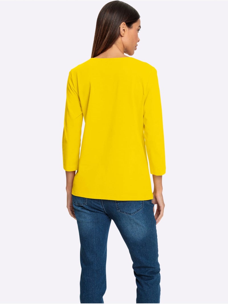 T-shirt à Manches 3/4 Petites Pierres Brillantes Fantaisie - Taille Standard - Helline Jaune - Kiabi