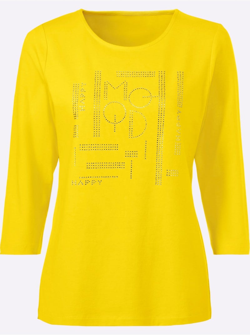 T-shirt à Manches 3/4 Petites Pierres Brillantes Fantaisie - Taille Standard - Helline Jaune - Kiabi