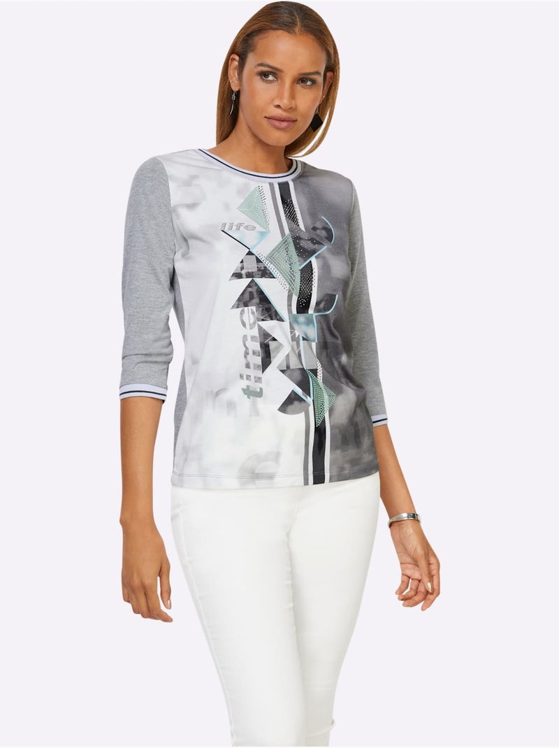 T-shirt à Manches 3/4 Petites Pierres Fantaisie - Taille Standard - Helline Gris Blanc - Kiabi