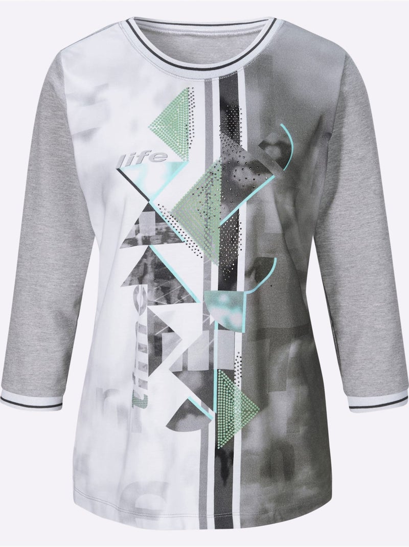 T-shirt à Manches 3/4 Petites Pierres Fantaisie - Taille Standard - Helline Gris Blanc - Kiabi