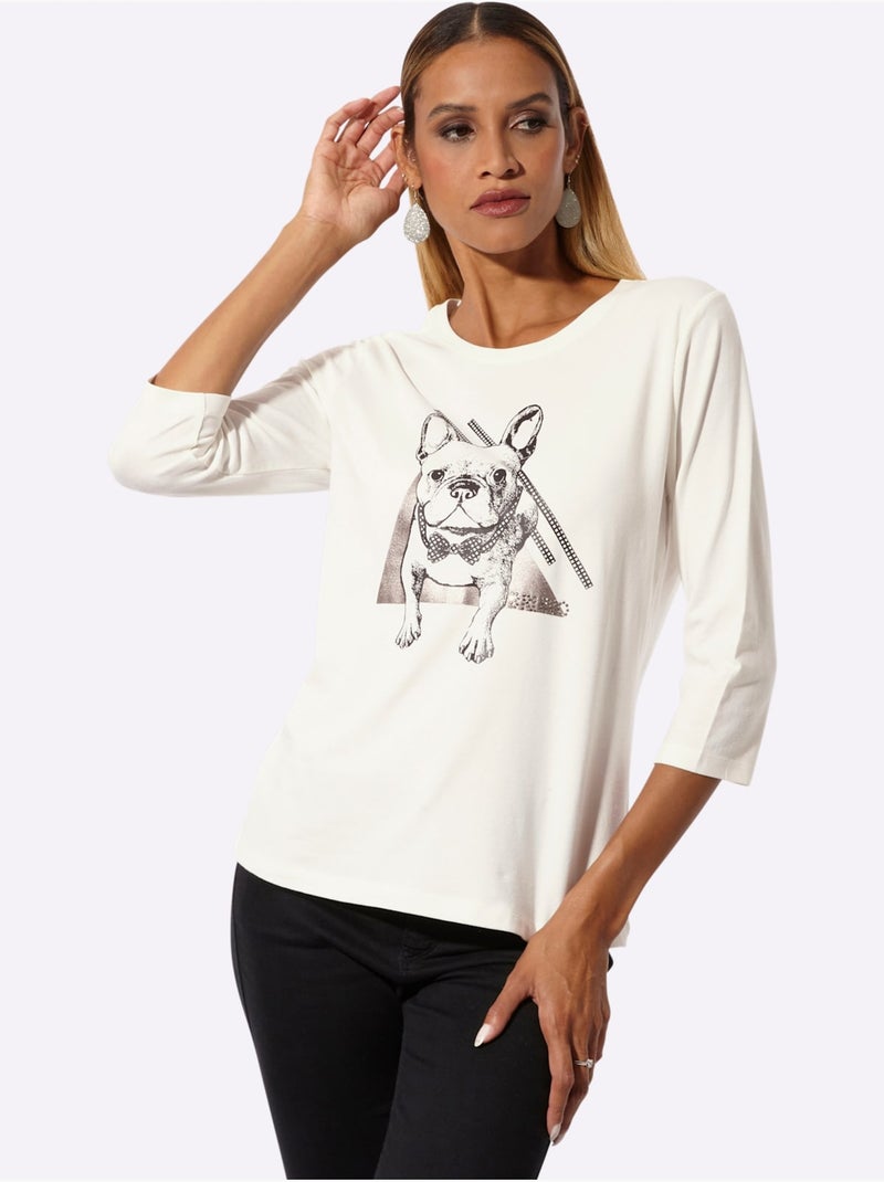 T-shirt à Manches 3/4 Petites Pierres Fantaisie - Taille Standard - Helline Noir Ecru Noir - Kiabi