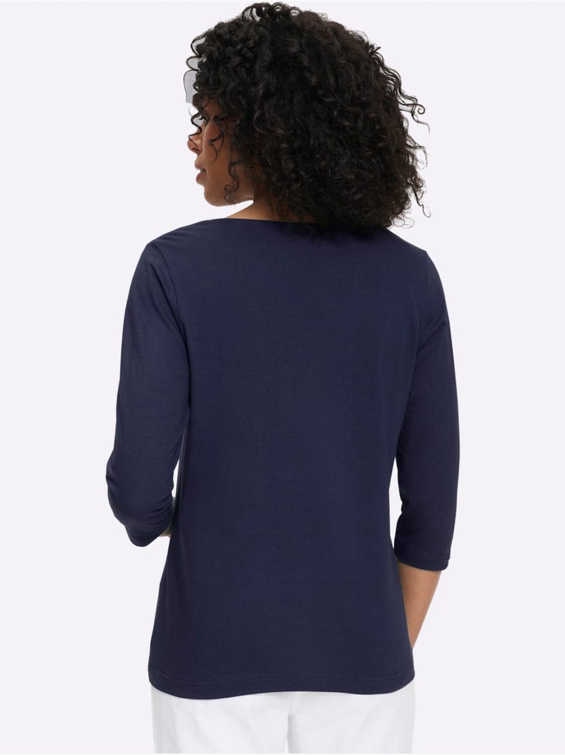 T-shirt à manches 3/4 petites pierres fantaisie à l'encolure - taille standard - moda vilona Bleu marine - Kiabi