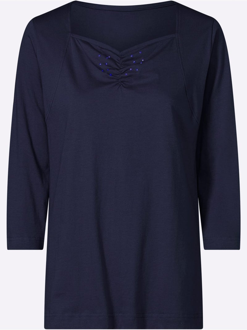 T-shirt à manches 3/4 petites pierres fantaisie à l'encolure - taille standard - moda vilona Bleu marine - Kiabi