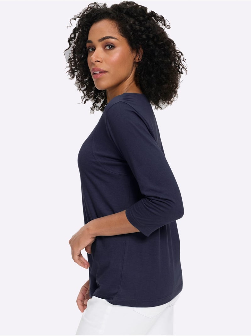 T-shirt à manches 3/4 petites pierres fantaisie à l'encolure - taille standard - moda vilona Bleu marine - Kiabi