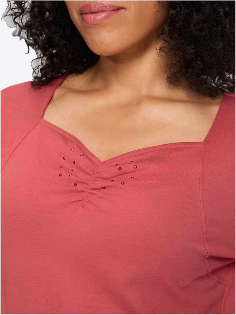 T-shirt à manches 3/4 petites pierres fantaisie à l'encolure - taille standard - moda vilona Rose - Kiabi