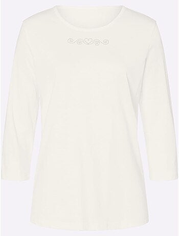 T-shirt à Manches 3/4 Petites Pierres Fantaisie Sur L'encolure - Taille Standard - Moda Vilona