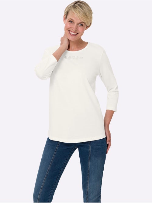 T-shirt à Manches 3/4 Petites Pierres Fantaisie Sur L'encolure - Taille Standard - Moda Vilona - Kiabi