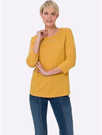 T-shirt à Manches 3/4 Petites Pierres Fantaisie Sur L'encolure - Taille Standard - Moda Vilona