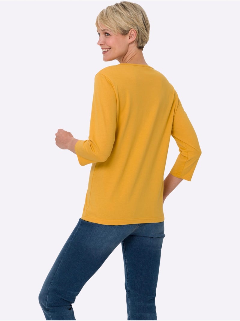 T-shirt à Manches 3/4 Petites Pierres Fantaisie Sur L'encolure - Taille Standard - Moda Vilona Ocre - Kiabi