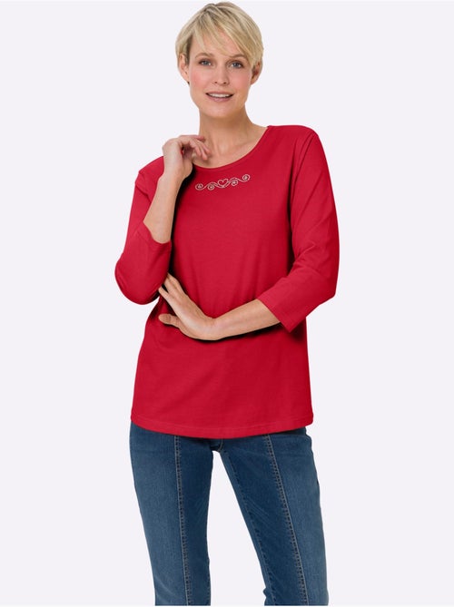 T-shirt à Manches 3/4 Petites Pierres Fantaisie Sur L'encolure - Taille Standard - Moda Vilona - Kiabi